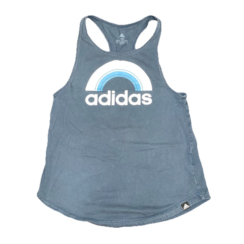 Adidas Womens XS Rainbow Graphic Logo Racerback Blue Sport Tank Top